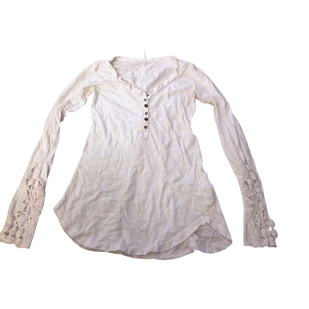 Free People Ivory Crochet Lace Sleeve Henley Split Back Top Cream Womens